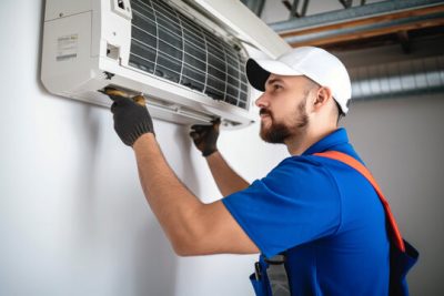Air conditioning technician servicing a wall-mounted AC unit in Salt Lake City, UT